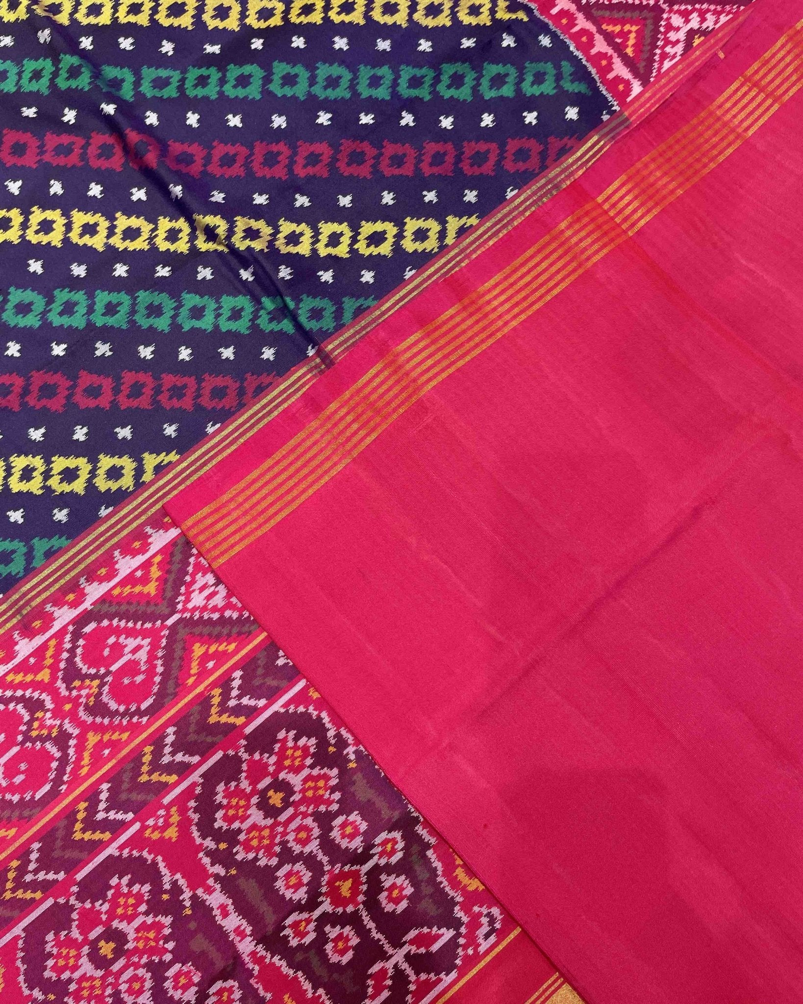 Crimson Red & Navy Blue Square Leheriya Designer Patola Saree - SindhoiPatolaArt