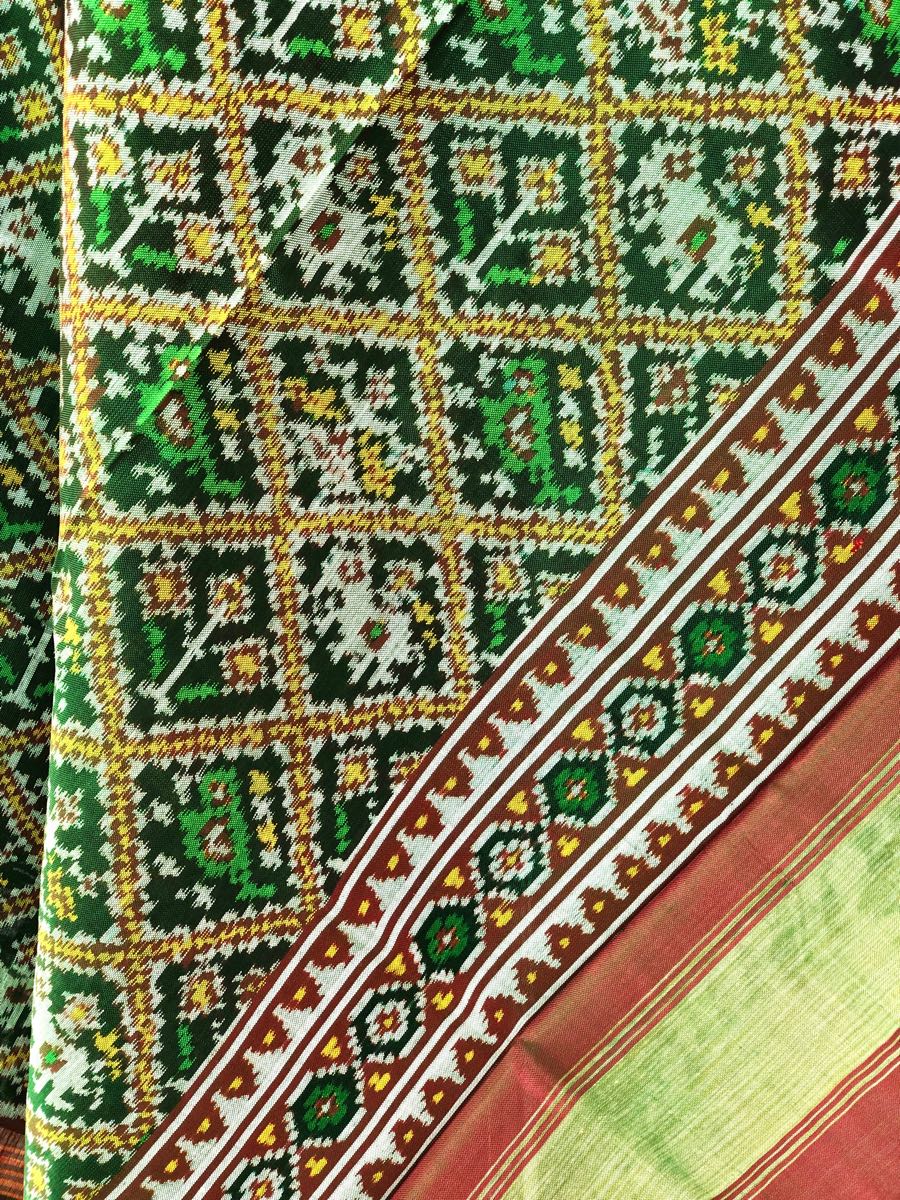 green narikunj design semi double ikat patola dupatta - SindhoiPatolaArt