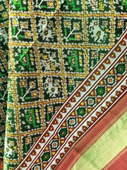 green narikunj design semi double ikat patola dupatta - SindhoiPatolaArt