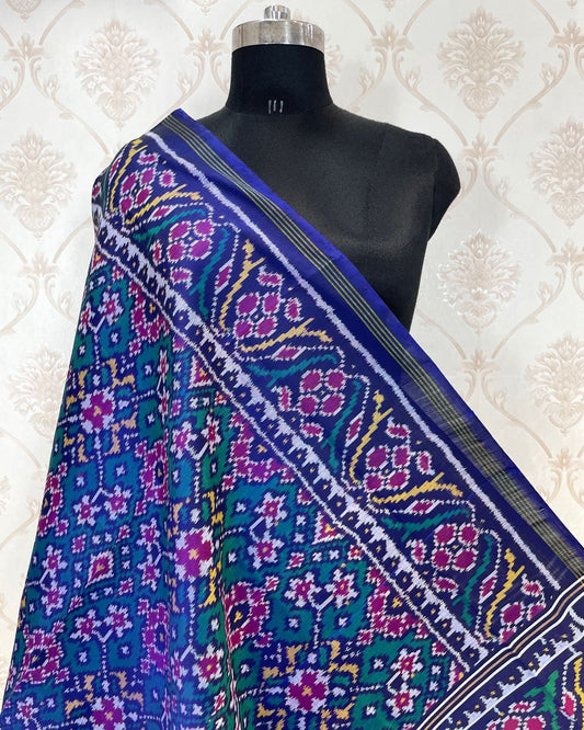 Navy Blue & Turquoise Navratan Patola Dupatta - SindhoiPatolaArt