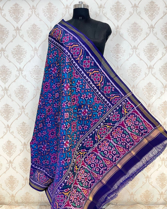 Navy Blue & Turquoise Navratan Patola Dupatta - SindhoiPatolaArt