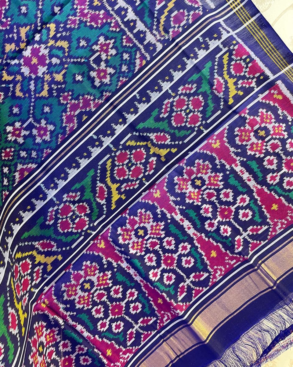 Navy Blue & Turquoise Navratan Patola Dupatta - SindhoiPatolaArt