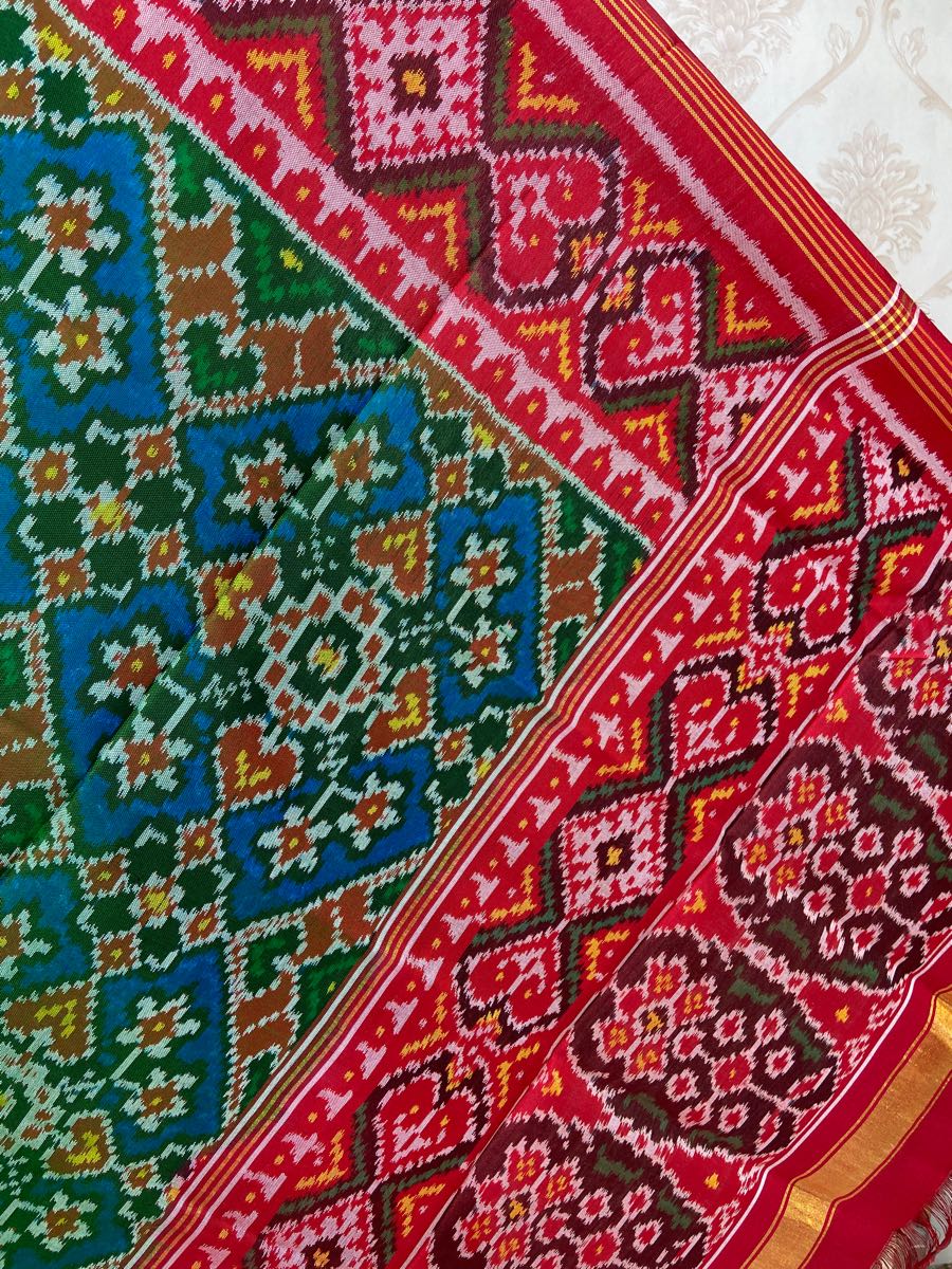 Peacock Blue Navratna Mix Design Ganga Jamna Patola Dupatta - SindhoiPatolaArt