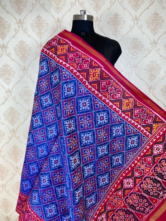 Pink and Blue Chandabhat Design Patola Dupatta - SindhoiPatolaArt