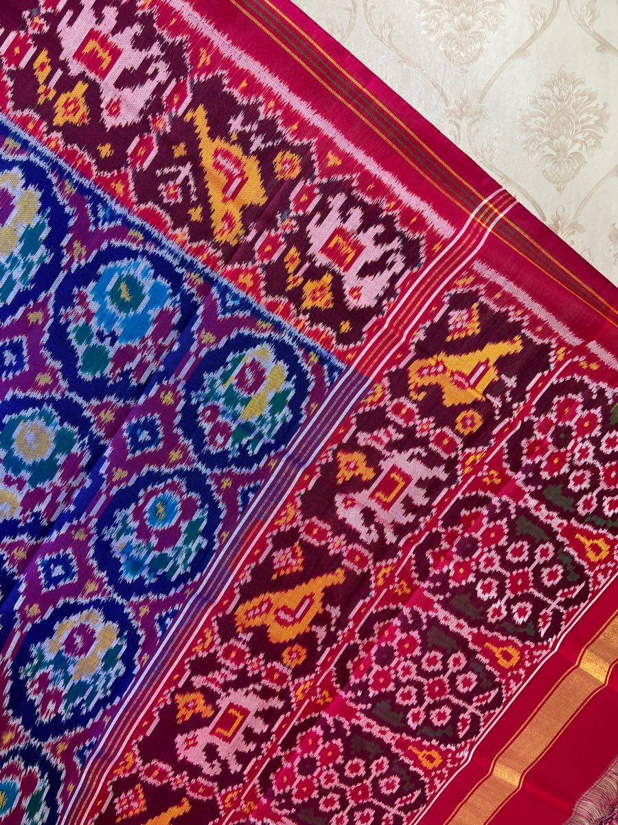 pink and blue multicolour flower design patola dupatta - SindhoiPatolaArt
