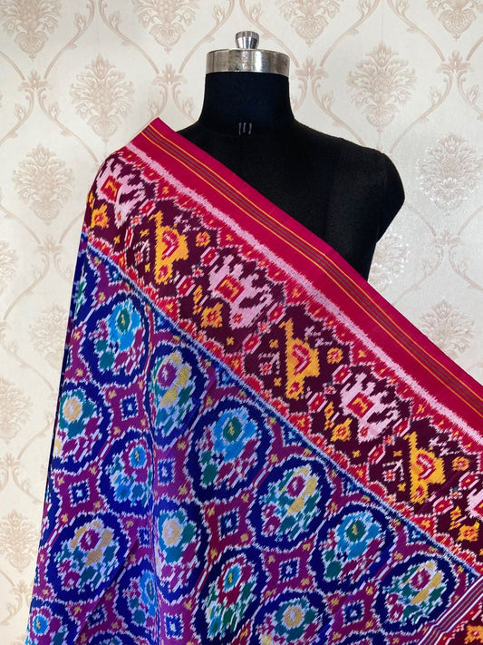 pink and blue multicolour flower design patola dupatta - SindhoiPatolaArt