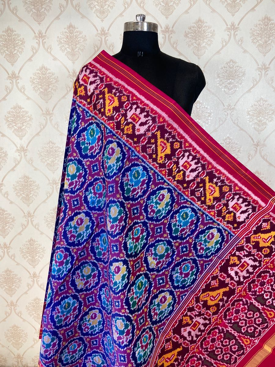 pink and blue multicolour flower design patola dupatta - SindhoiPatolaArt
