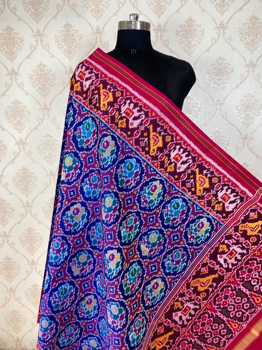 pink and blue multicolour flower design patola dupatta - SindhoiPatolaArt
