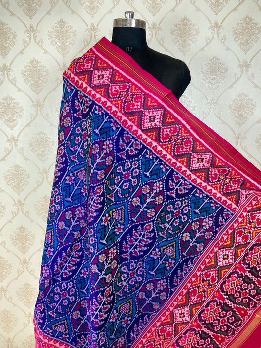 pink and blue new tree design patola dupatta - SindhoiPatolaArt