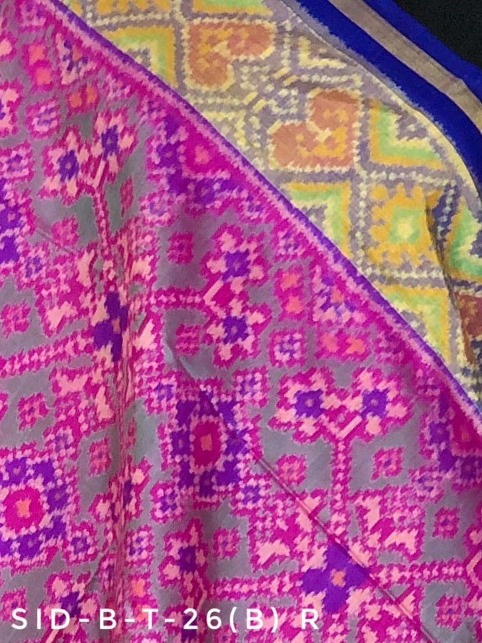 Pink and green with blue pallu Patola Dupatta with Navratna design - SindhoiPatolaArt