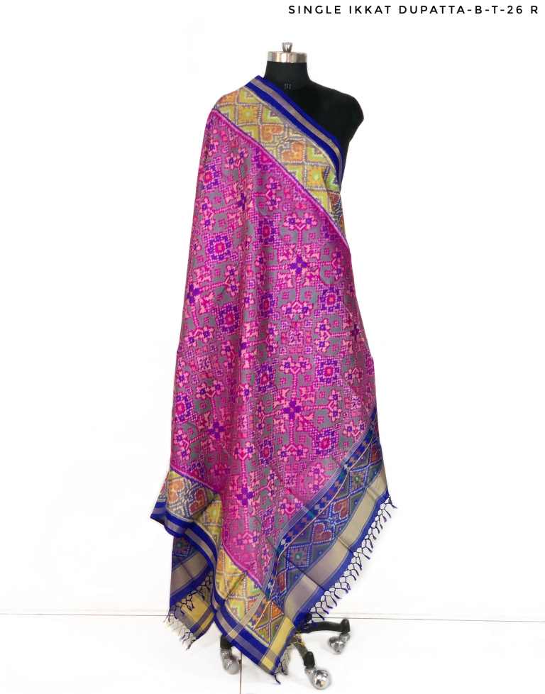 Pink and green with blue pallu Patola Dupatta with Navratna design - SindhoiPatolaArt