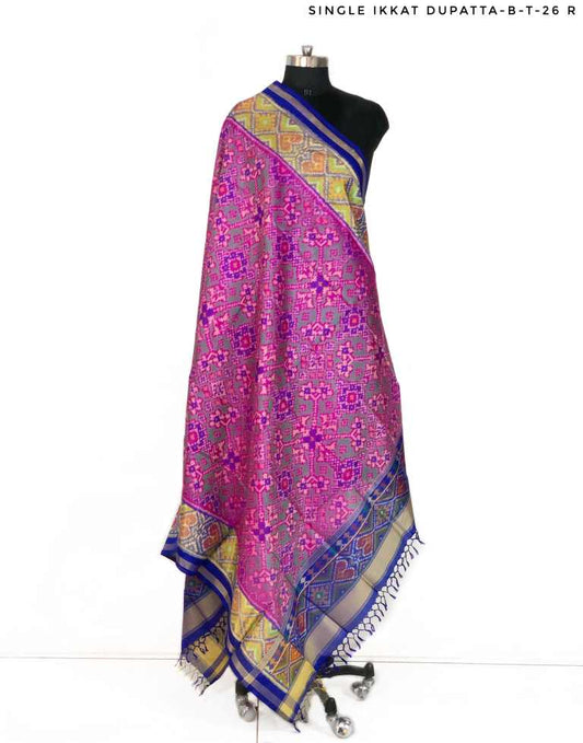 Pink and green with blue pallu Patola Dupatta with Navratna design - SindhoiPatolaArt