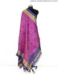 Pink and green with blue pallu Patola Dupatta with Navratna design - SindhoiPatolaArt