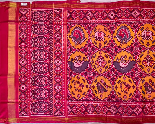 pink and rust orenge big figure design Semi Double ikat patola - SindhoiPatolaArt