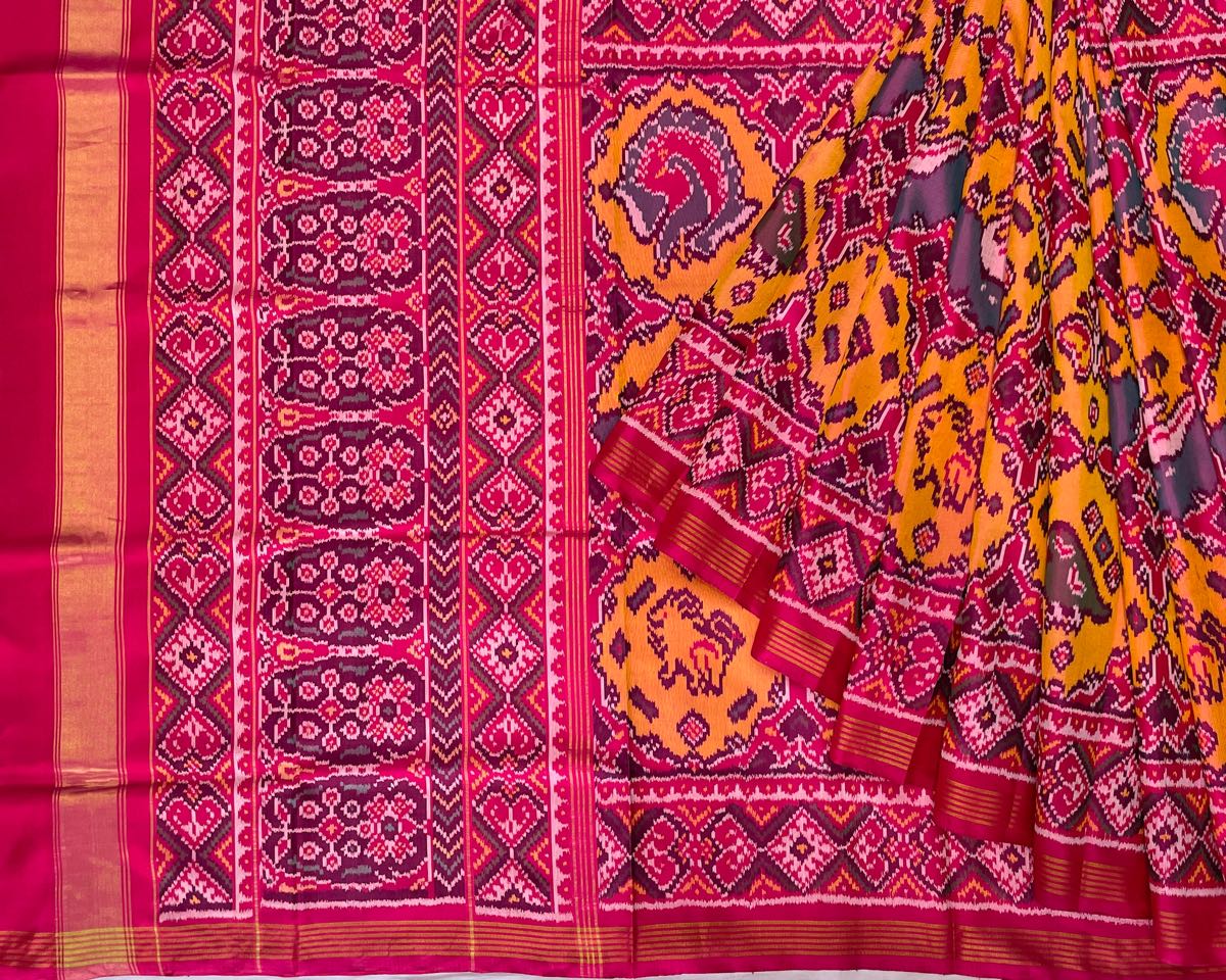 pink and rust orenge big figure design Semi Double ikat patola - SindhoiPatolaArt