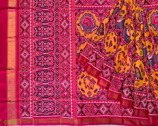 pink and rust orenge big figure design Semi Double ikat patola - SindhoiPatolaArt