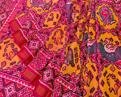 pink and rust orenge big figure design Semi Double ikat patola - SindhoiPatolaArt