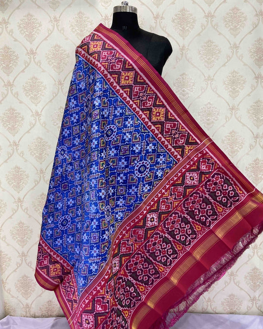 Pink & Blue Manekchowk Designer Patola Dupatta - SindhoiPatolaArt