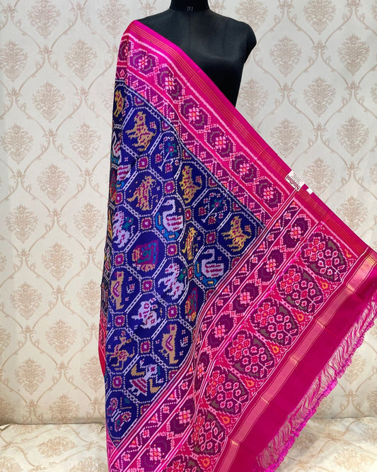 Pink & Blue Narikunj Patola Dupatta - SindhoiPatolaArt