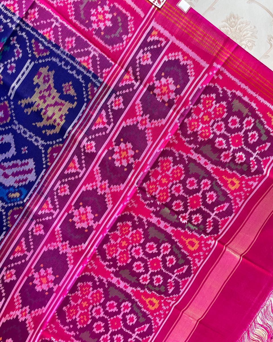 Pink & Blue Narikunj Patola Dupatta - SindhoiPatolaArt