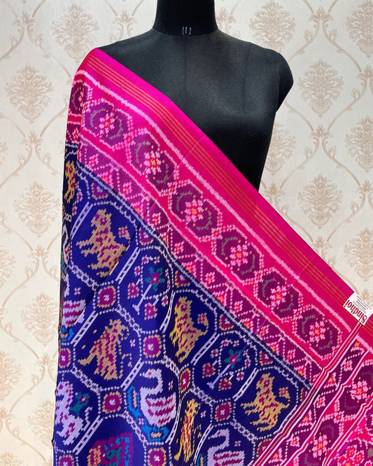 Pink & Blue Narikunj Patola Dupatta - SindhoiPatolaArt