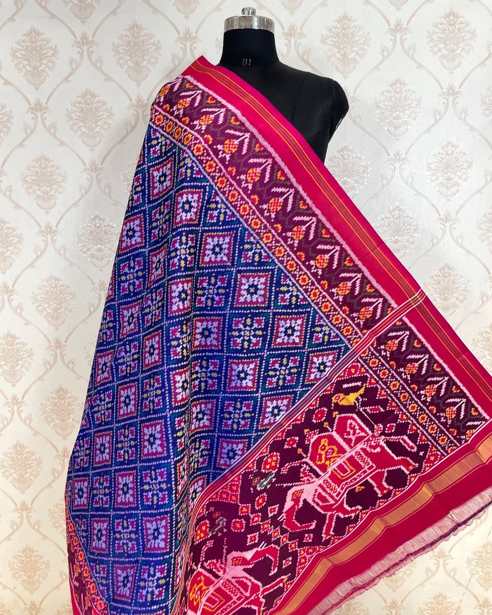 Pink & Blue Panchanda Patola Dupatta - SindhoiPatolaArt