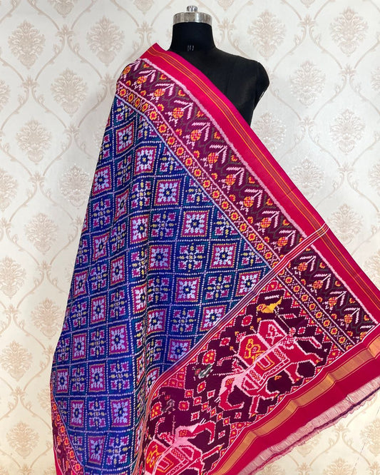 Pink & Blue Panchanda Patola Dupatta - SindhoiPatolaArt