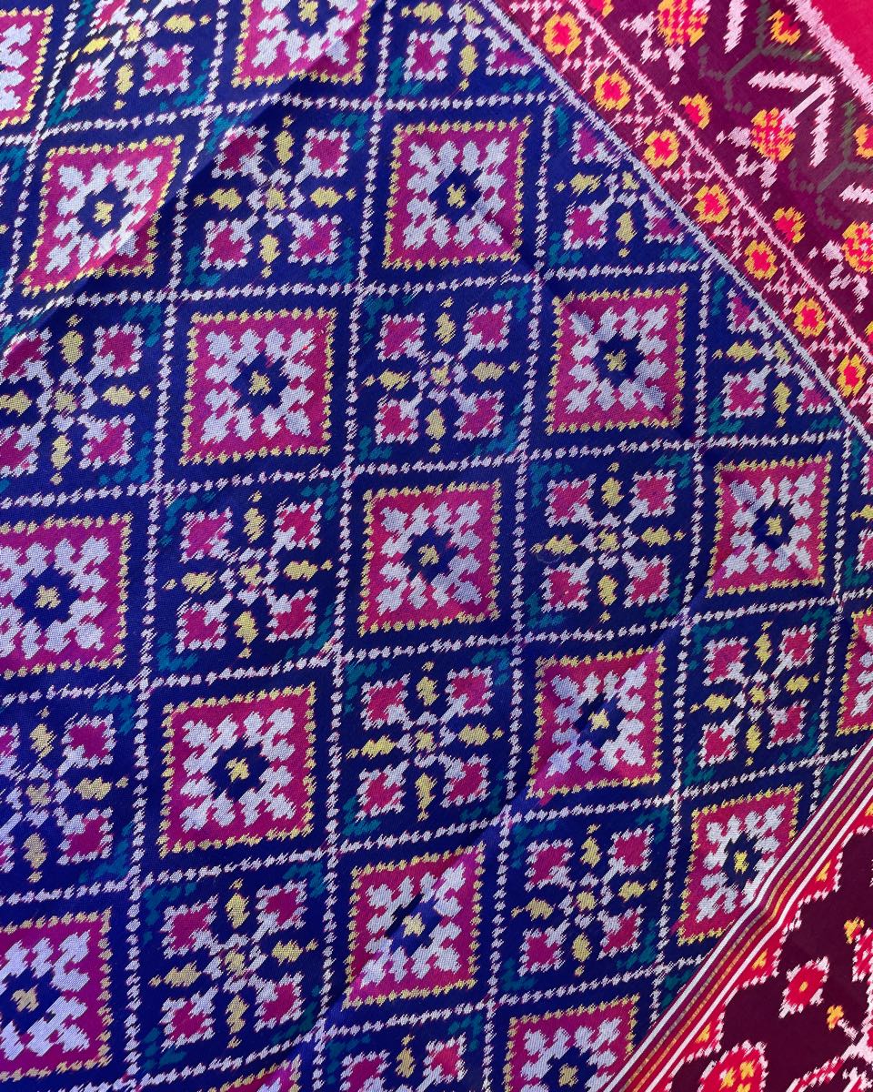 Pink & Blue Panchanda Patola Dupatta - SindhoiPatolaArt