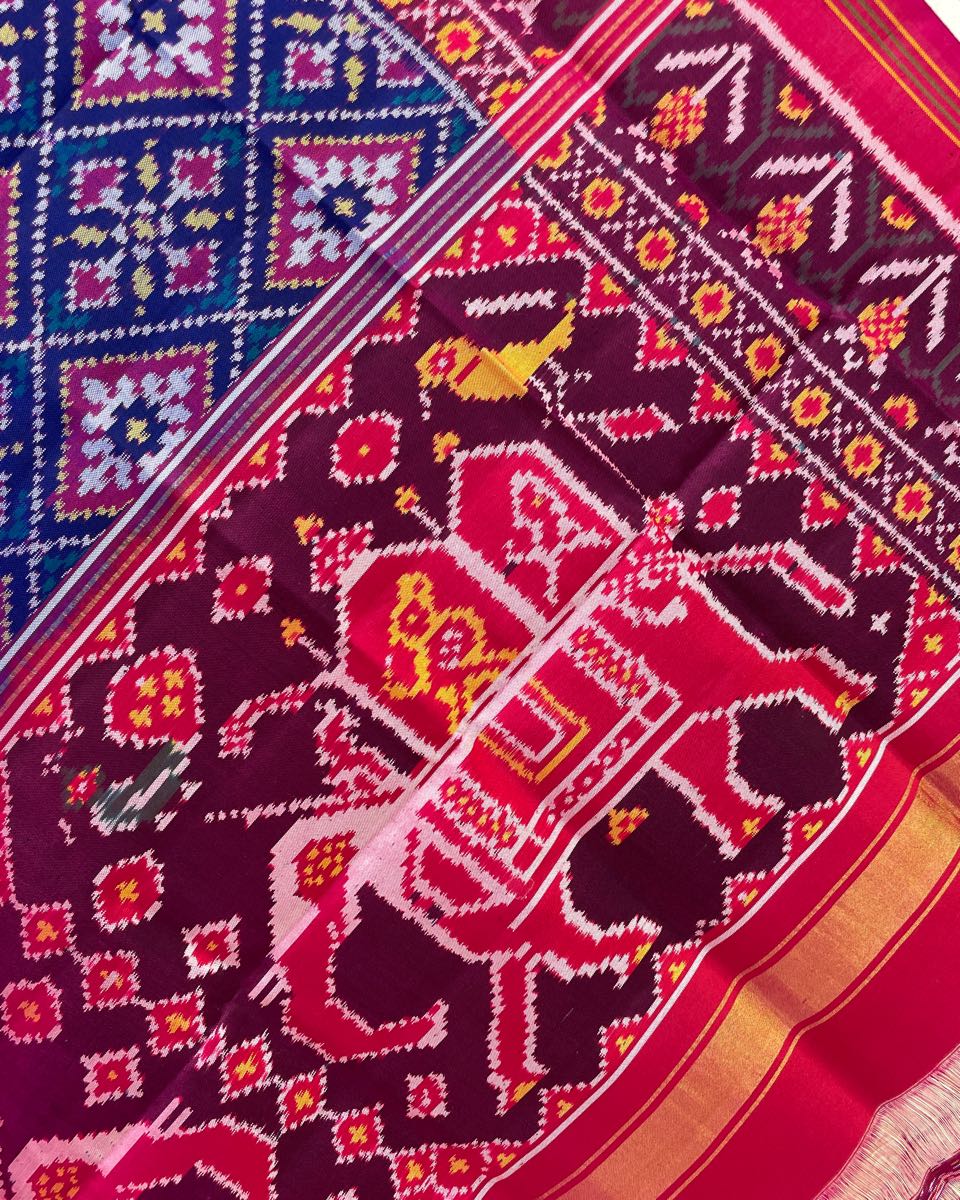 Pink & Blue Panchanda Patola Dupatta - SindhoiPatolaArt