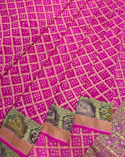 Pink Chex Bandhani Saree - SindhoiPatolaArt
