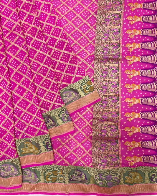 Pink Chex Bandhani Saree - SindhoiPatolaArt