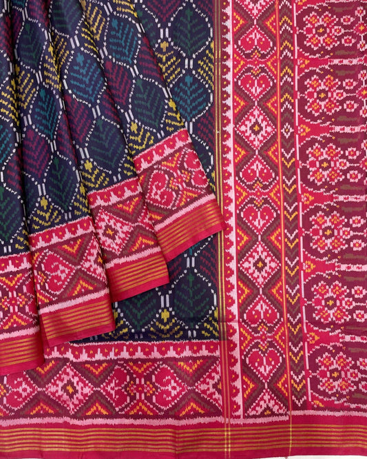 Pink & Dark Blue Multicolour Designer Patola Saree - SindhoiPatolaArt