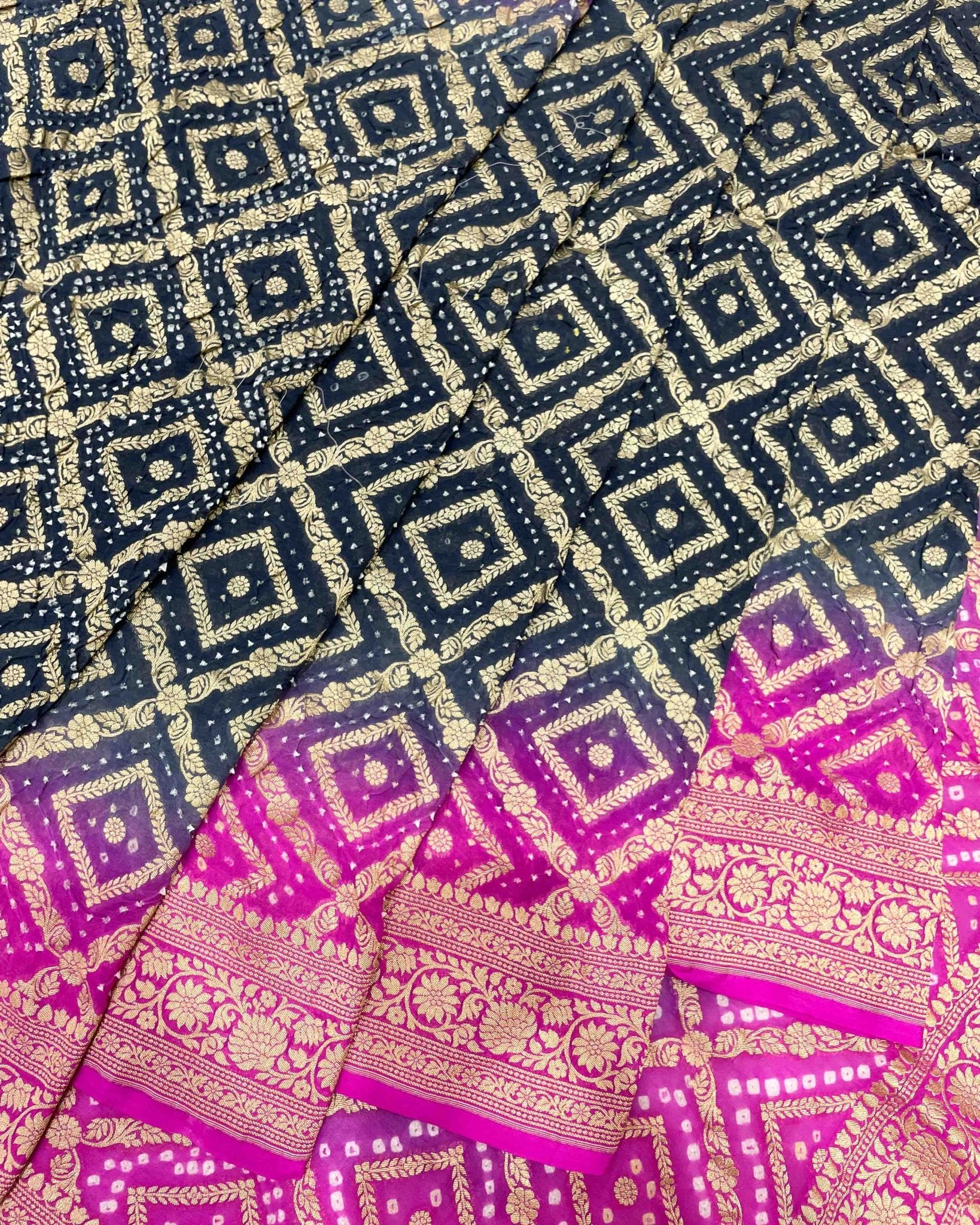 Pink & Dark Greish Banarasi Bandhani Saree - SindhoiPatolaArt
