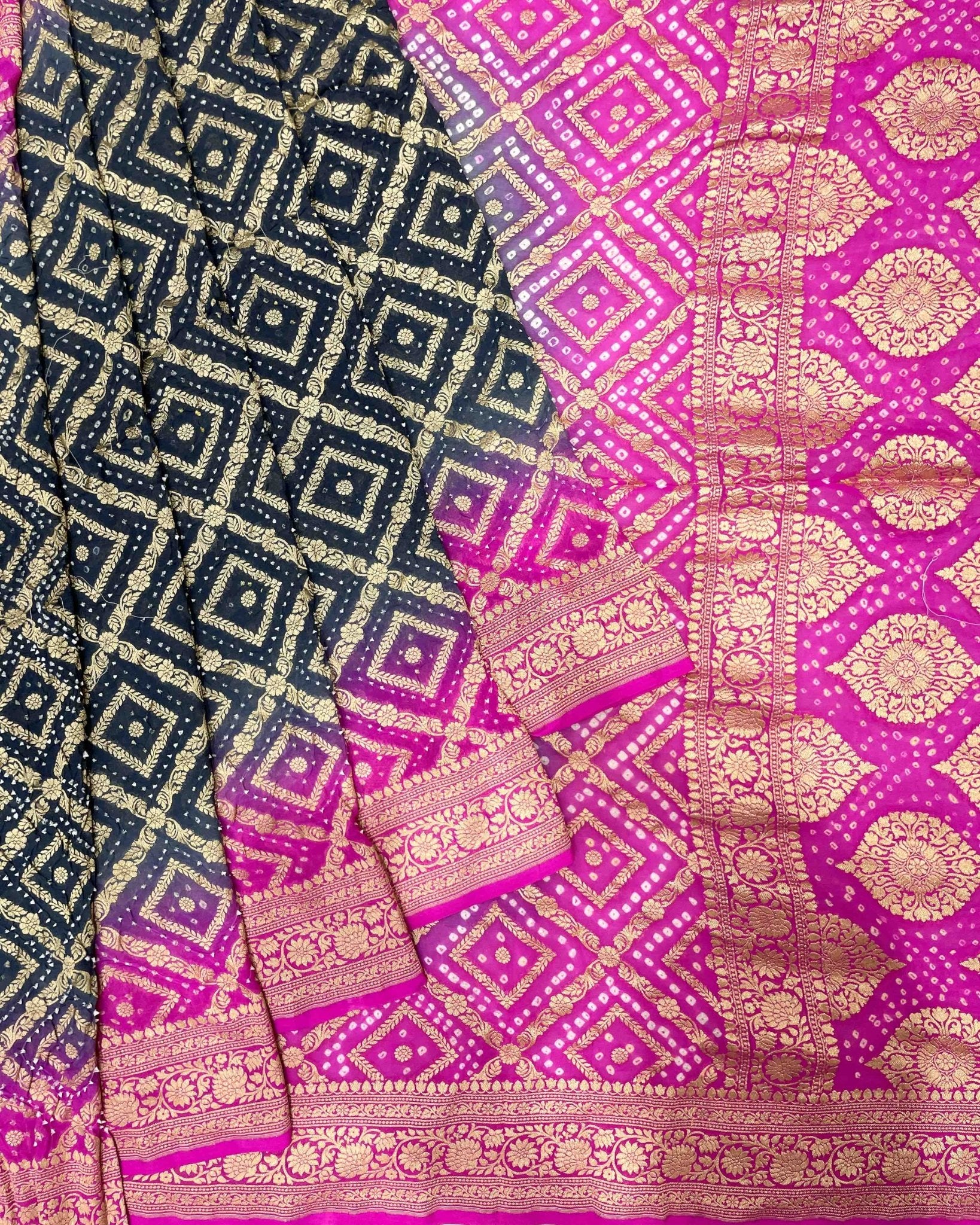 Pink & Dark Greish Banarasi Bandhani Saree - SindhoiPatolaArt