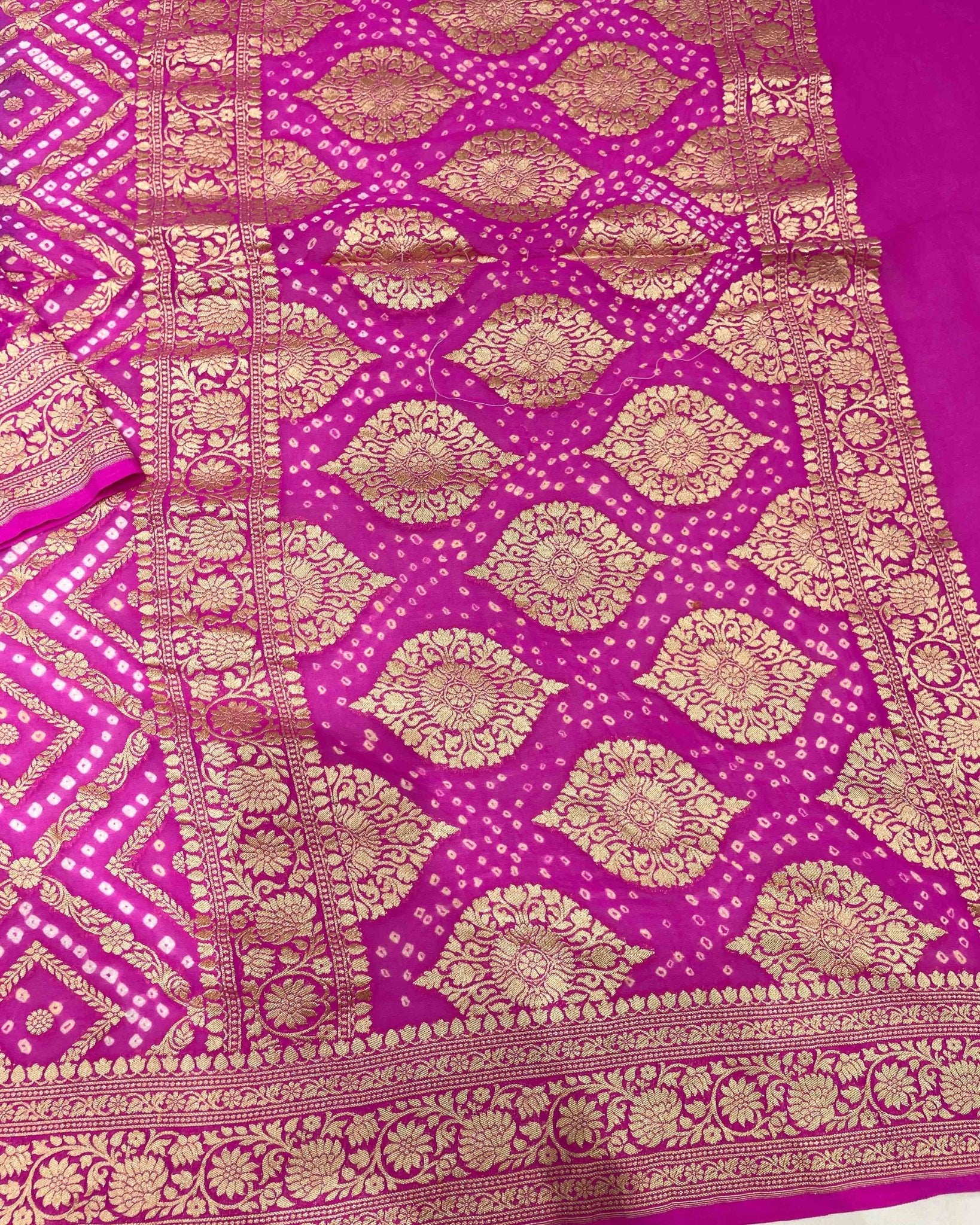 Pink & Dark Greish Banarasi Bandhani Saree - SindhoiPatolaArt