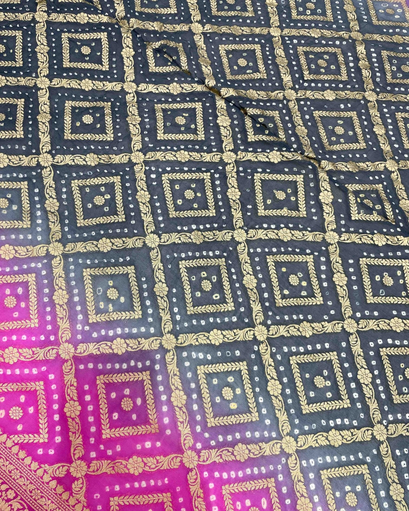 Pink & Dark Greish Banarasi Bandhani Saree - SindhoiPatolaArt