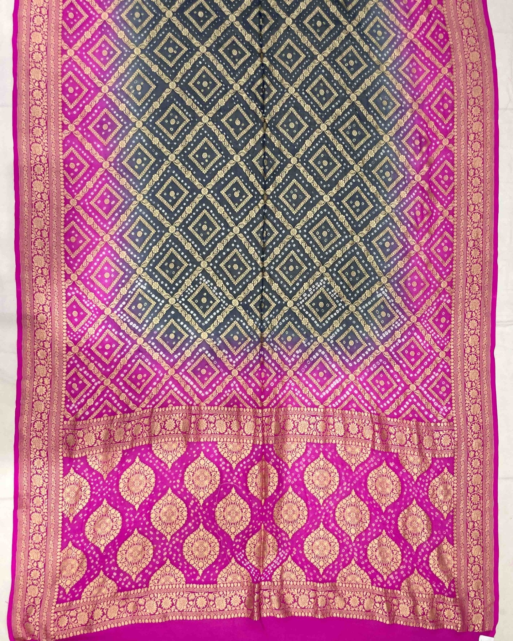Pink & Dark Greish Banarasi Bandhani Saree - SindhoiPatolaArt