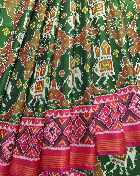 Pink & Green Elephant Chhabdi Traditional Designer Patola Saree - SindhoiPatolaArt