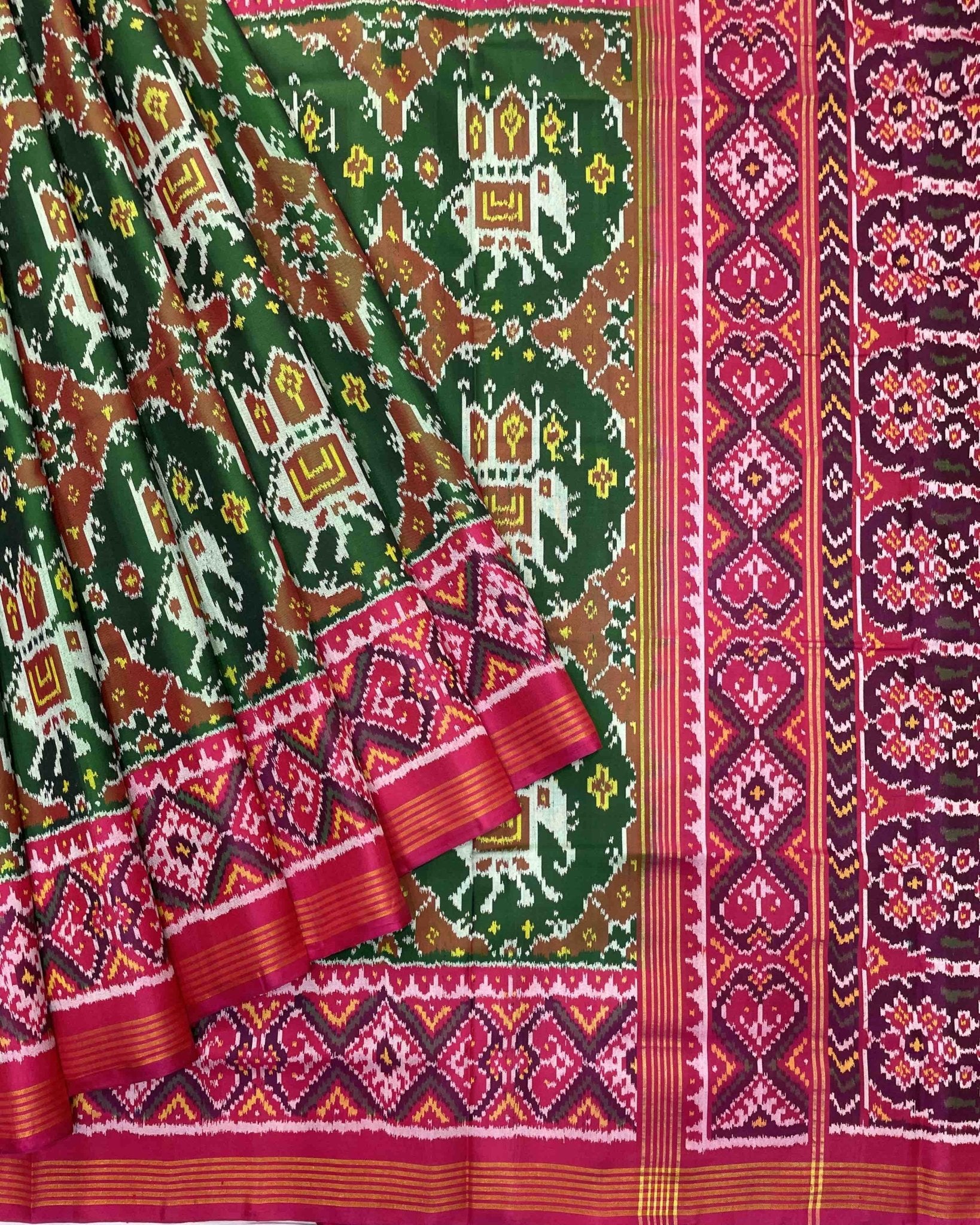 Pink & Green Elephant Chhabdi Traditional Designer Patola Saree - SindhoiPatolaArt