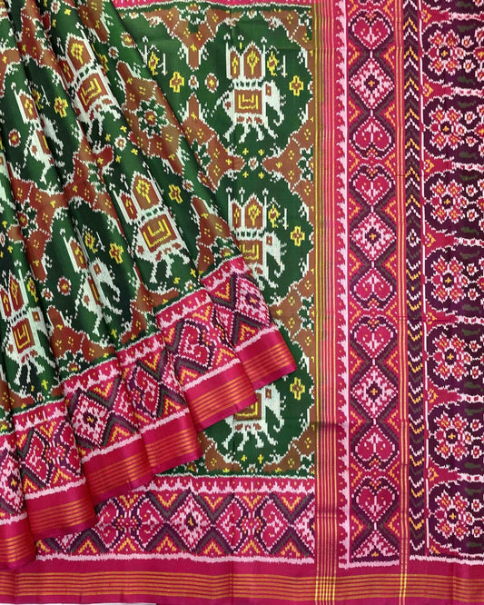 Pink & Green Elephant Chhabdi Traditional Designer Patola Saree - SindhoiPatolaArt