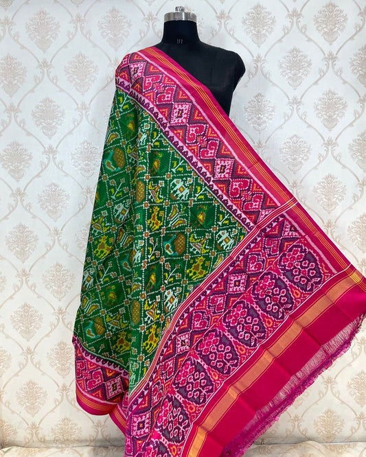 Pink & Green Narikunj Designer Patola Dupatta - SindhoiPatolaArt