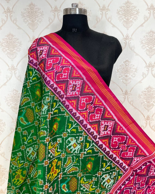 Pink & Green Narikunj Designer Patola Dupatta - SindhoiPatolaArt