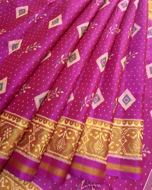 Pink Leaves & Doted Fancy Designer Patola Saree - SindhoiPatolaArt