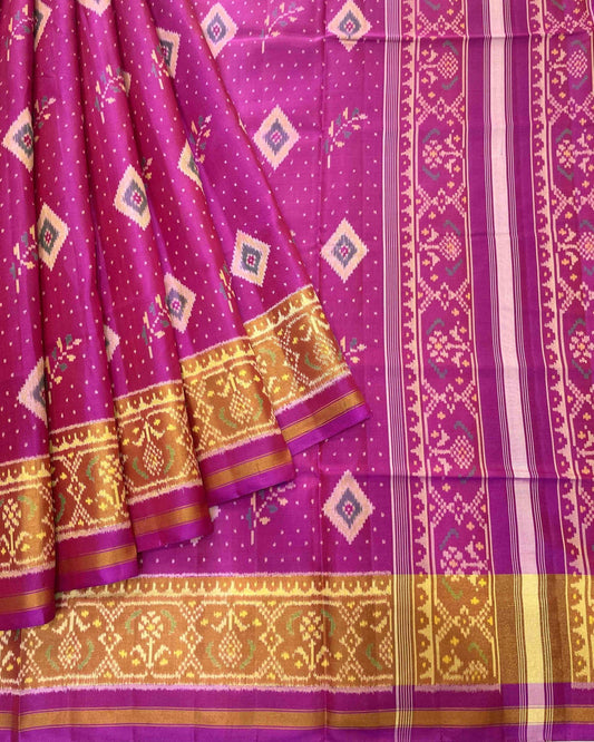 Pink Leaves & Doted Fancy Designer Patola Saree - SindhoiPatolaArt