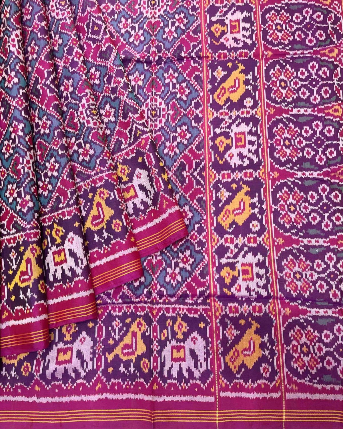 Pink & Turquoise Navratan Designer Patola Saree - SindhoiPatolaArt