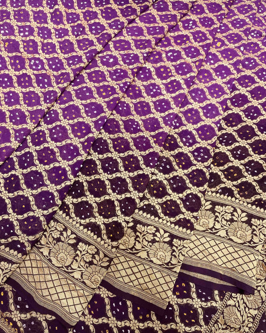 Purple & dark lavender banarasi georgette Bandhani Saree - SindhoiPatolaArt