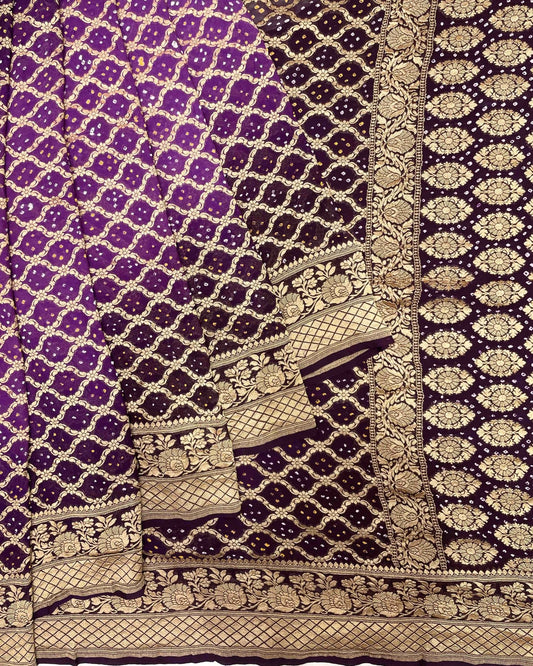 Purple & dark lavender banarasi georgette Bandhani Saree - SindhoiPatolaArt