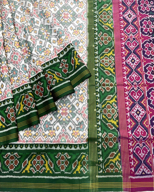 Purple & Green with White Navratan Designer Patola Saree - SindhoiPatolaArt