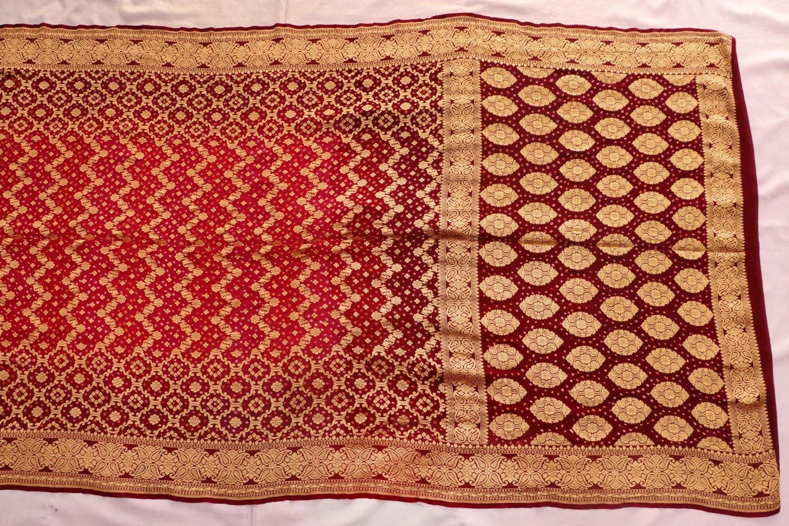 Red and maroon Georgette Bandhani Saree - SindhoiPatolaArt