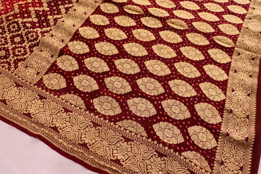Red and maroon Georgette Bandhani Saree - SindhoiPatolaArt